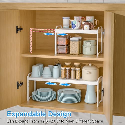 White 2-Pack Expandable Kitchen Cabinet Shelves Organizer, Adjustable & Stackable Storage Rack