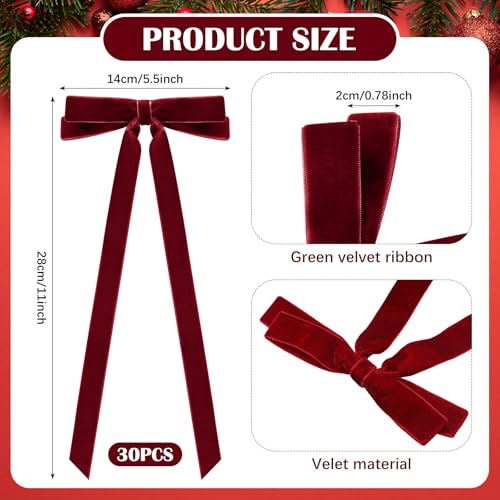 Giegxin Burgundy Velvet Christmas Bow Set - 30 Long Tail Holiday Decorations