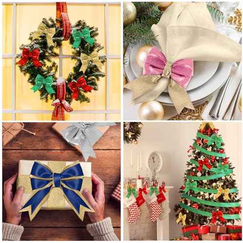 Gold Ribbon for Christmas Tree Glitter Gold Ribbon Garland Golden Christmas Ribbons Wired 1 1/2 Inch 10 Yards Thick Wired Golden Ribbons for Tree Gift Wrapping Party Decorations