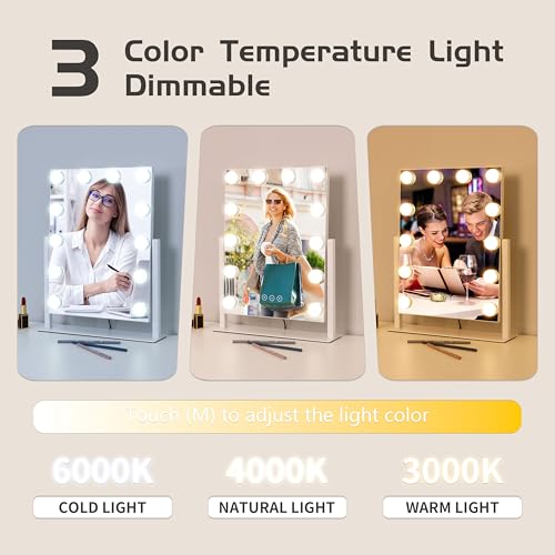 Lighted Vanity Mirror with 12 Dimmable Bulbs, 3 Color Modes, 10X Magnification, 360° Rotation - White, 16.8" L x 13.3" W