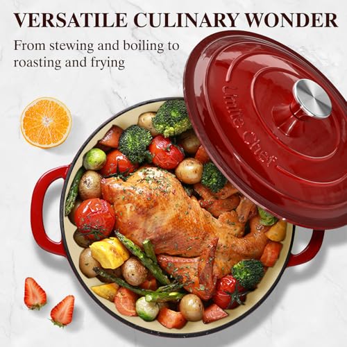 Umite Chef 5QT Red Enamel Cast Iron Dutch Oven with Lid & Cotton Potholders