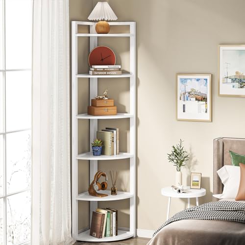 White Tribesigns 6-Tier Corner Shelf - Space-Saving Bookcase for Living Room & Home Office