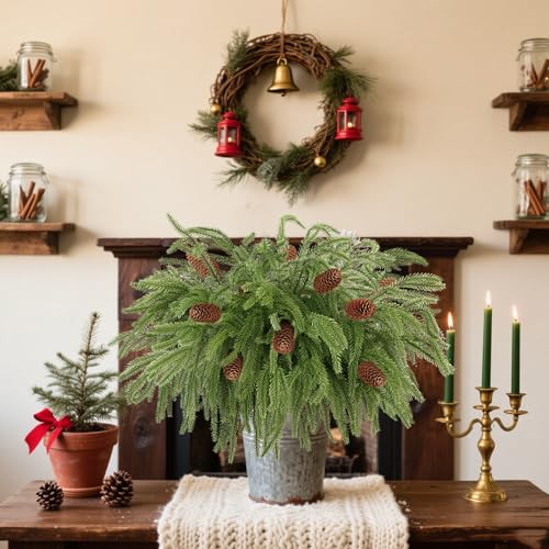 LELEE 18Pcs Christmas Norfolk Pine Branches with Pinecones - 12 Branches + 6 Pine Cones, 17.7 in, Wreath & Garland Craft Picks
