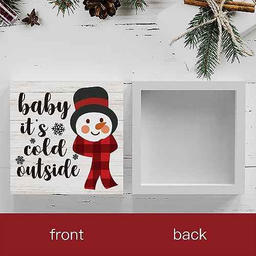 Baby It's Cold Outside Snowman Merry Christmas Tree Wood Box Sign, Farmhouse Christmas Santa Artwork Decor, Wood Square Sign Desk Block Signs Home Shelf Office Decoration 5 x 5 Inches