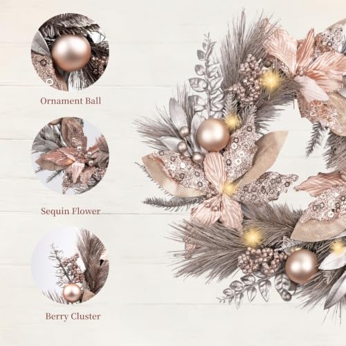 22-Inch Champagne Gold Christmas Wreath with Ornaments for Front Door