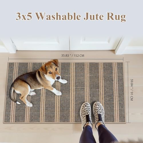 Outdoor Indoor Rug 3x5 Black Stripe Washable Non Slip Geometric Door Mat for Entryway Patio