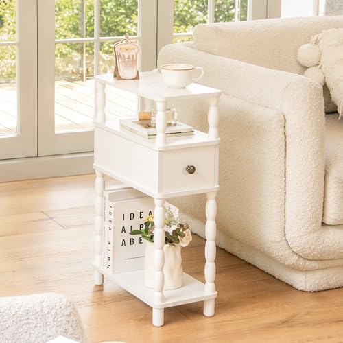 White Narrow End Table with Drawer - Small Side Table for Living Room & Bedroom