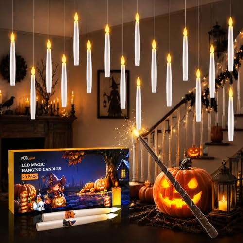 Halloween Floating Candles with Wand - Flickering LED Hanging Set, 20 Pcs