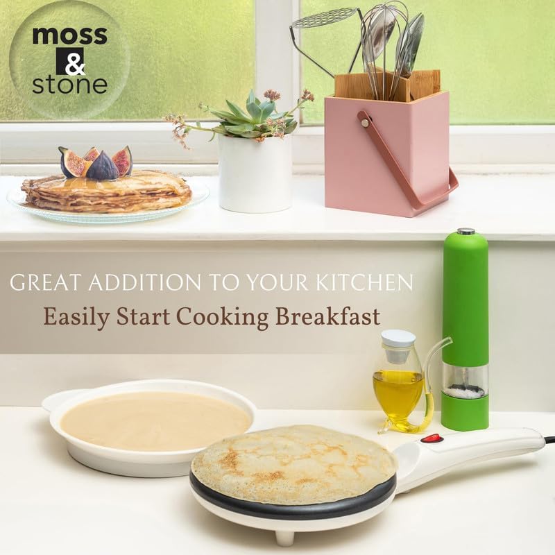 Moss & Stone 8-Inch White Electric Crepe Maker - Portable Nonstick Pan, Auto Temp Control