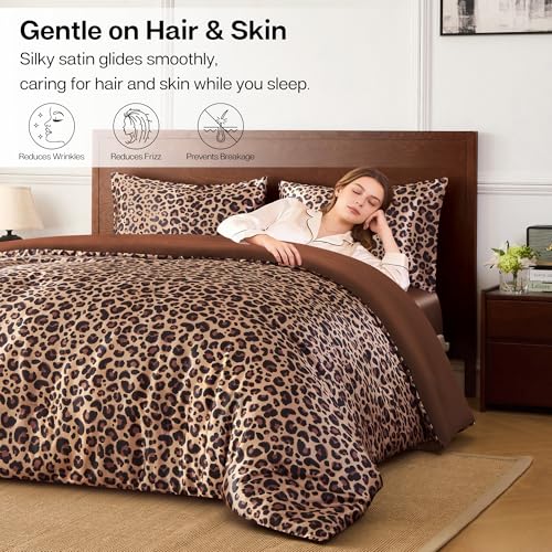 Queen Comforter Set Brown Leopard Reversible Satin Microfiber Bedding 3 Pieces - 10 Variation