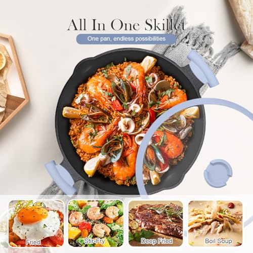 14 Inch Deep Frying Pan Skillet with Lid - Nonstick, Blue