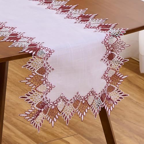 Raedan Dark Red & White Linen Lace Table Runner 16x72 Inches for Dining & Decor