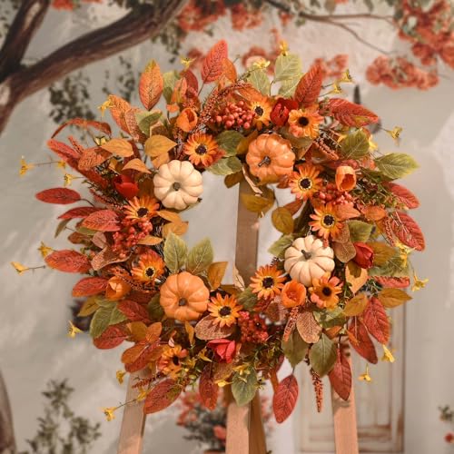 Fall Wreath for Front Door 26 Inch - Autumn Decorations for Home - Orange