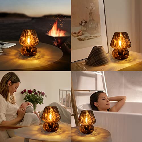 ONEWISH Small Vintage Mushroom Table Lamp - Dimmable Black Glass Nightstand Light