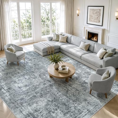 8x10 Black Grey Washable Area Rug - Soft Abstract Living Room Carpet - Non-Slip