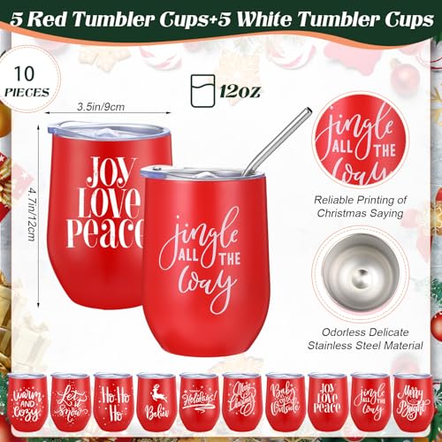 Uiifan 10 Pack 12oz Christmas Stainless Steel Tumbler Set with Lids & Straws - Red