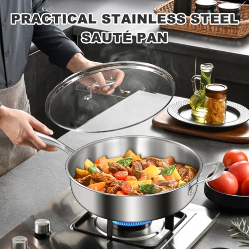 EWFEN 12-Inch Tri-Ply Stainless Steel Saute Pan with Handle and Lid, Compatible with All Cooktops