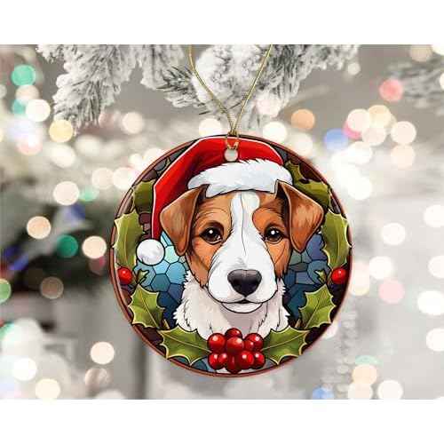 Jack Russel Terrier Christmas Stained Glass Ceramic Ornament, Christmas Tree Hanging Ornament, Dog Stained Glass Ornament, Ornament Religious Gift for Christians Printed on Both Sides