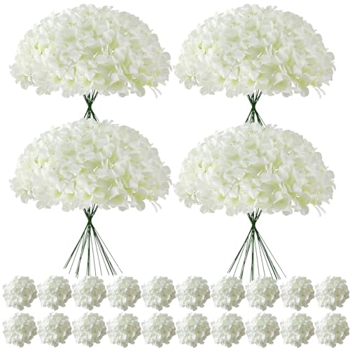 Ivory Faux Hydrangea Flowers Bulk - 100 Pcs Artificial Silk Flowers with Stems for Wedding & Home Decor