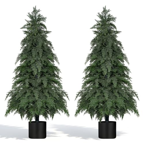 2-Pack Fake Cypress Topiary Trees with Pot, 4ft UV-Resistant Indoor Outdoor