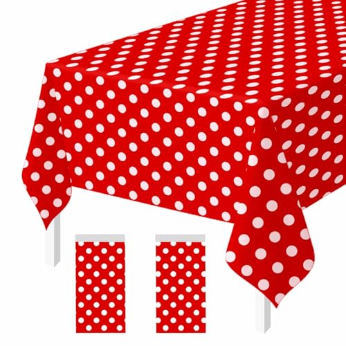 2 Pack Red Polka Dot Tablecloth 54 x 108 Inches - Disposable Plastic Party Cover, Red & White