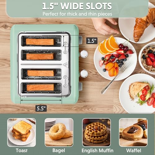 BUYDEEM 4-Slice Toaster with 7 Shade Settings, Extra Wide 1.5" Slots, Green Variation