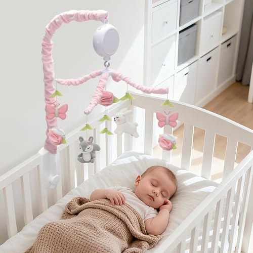 NICEMER Baby Crib Mobile for Girls with 12 Lullabies, Soft Knitted Woodland Characters, Nursery Decor