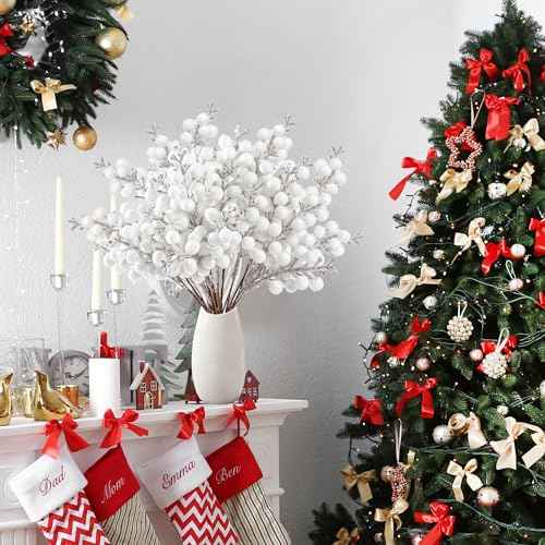 Sggvecsy 30Pcs Christmas Glitter Berries Stems Artificial Red Berry Branches Holly Picks Stems Christmas Tree Ornaments for DIY Xmas Wreath Crafts Gifts Holiday Home Decor (White)