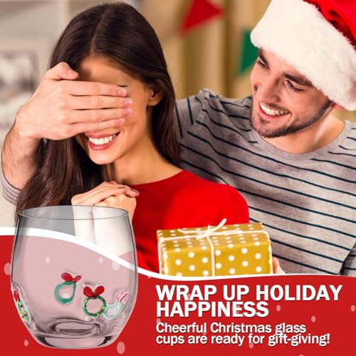 FoldTier Christmas Wreath Stemless Wine Glasses Set, 4 Pcs Holiday Decor