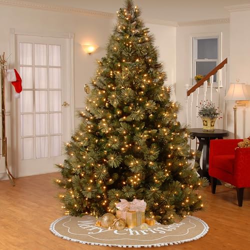 60 Inch Christmas Tree Skirt, Burlap Design with Snowflake Rustic