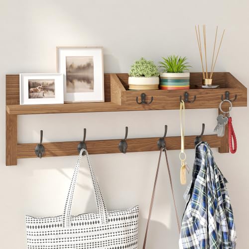 AMBIRD Wall Hooks with Shelf - 26.57 Inch Wooden Coat Rack with Dual & Key Hooks for Entryway, Brown