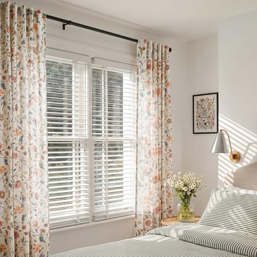 Hattie Beige Floral Linen Curtains 50W x 84L - Farmhouse Style 2 Panels
