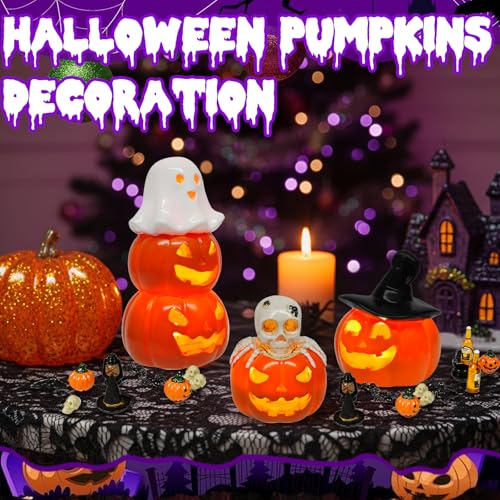 Rileryan 3 PCS Halloween Jack O Pumpkin Figurines Skull Ghost Figurine for Halloween Spooky Haunted Decor Gifts Home Kitchen Indoor Tabletop Tiered Tray Fireplace Decoration