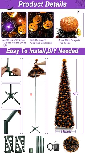 TURNMEON 5ft Black Tinsel Halloween Tree with Lights and Pumpkins