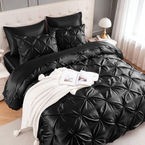 MR&HM Satin Queen Comforter Set Black 7-Piece Bed in a Bag - Pinch Pleat Luxury
