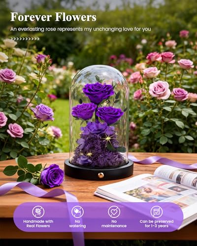 Purple Preserved Rose in Glass Dome - Forever Gift for Women, Mom, Wife, Girlfriend