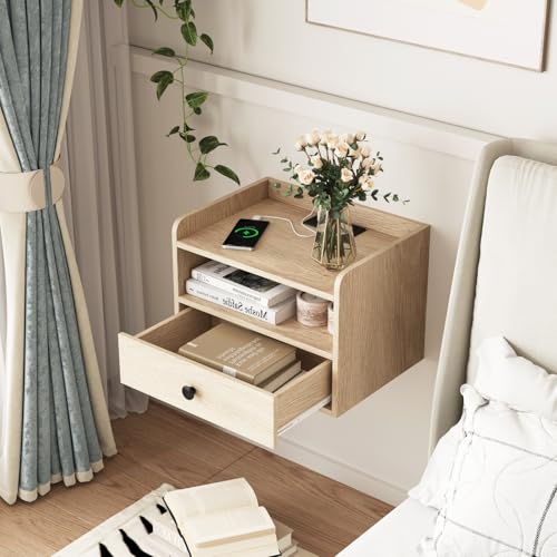 HOSEOKA Natural Floating Nightstand Set of 2 with Drawer & USB Ports