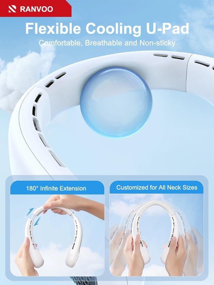 RANVOO 2024 AICE Portable Neck Cooling Fan -Ergonomic Fit, Adjustable Customize Size, Rechargeable Personal Ultra Lightweight Wearable Fan