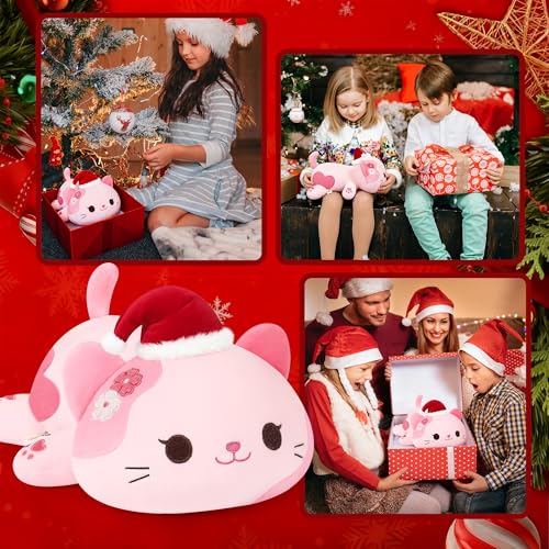 Onsoyours Original Christmas Sakura Cat Plush with Santa Hat Cute 13 inch Kitten Stuffed Animal Soft Pillow Pink Kawaii Kitty Plush Toy Gifts for Kids & Adults (Christmas Sakura Cat, 13")