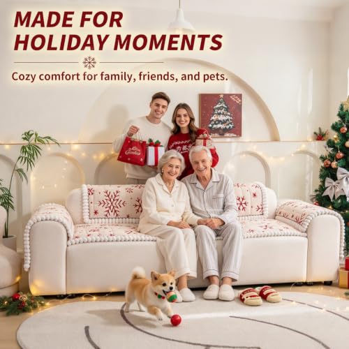 Christmas Plush Sofa Cover 28x94 for Large Sectional Sofa – 1PC, Beige/White, Non-Slip Dog Friendly