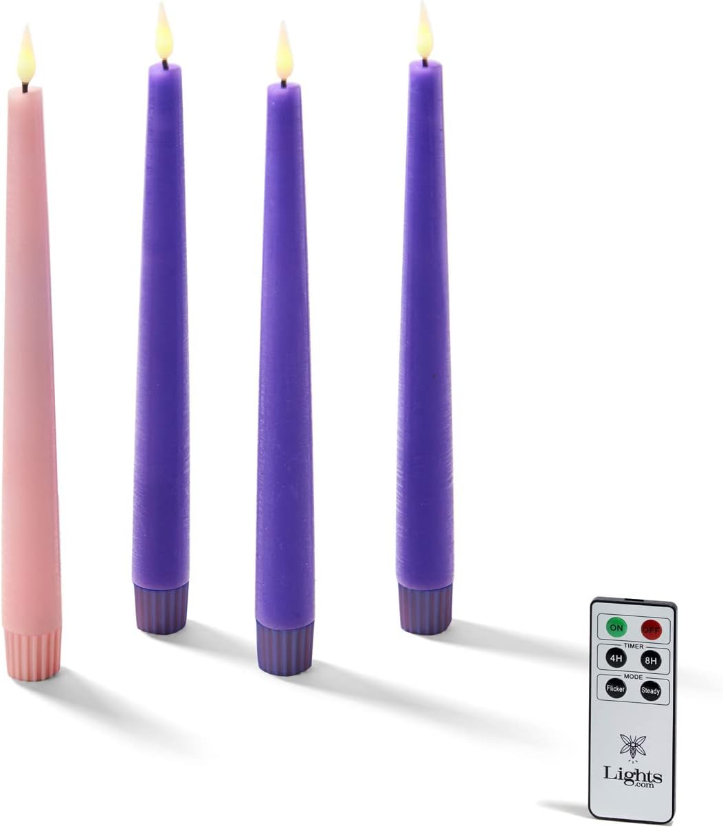 LampLust Flameless Taper Candles - Set of 4 Purple & Pink 9-Inch LED Advent Candles with Remote | Spring Decor & Centerpiece