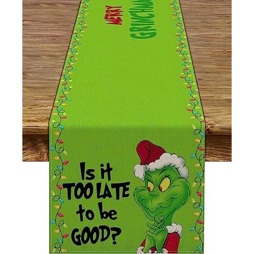 Merry Christmas Table Runner Green Xmas Buffalo Plaid Check Winter Holiday Party Decoration Fireplace Kitchen Dinning Home Decor 72Inches Long