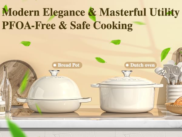 Enamelled Cast Iron Bread Oven 6 Qt Dutch Oven with Dome Lid & Cotton Potholders - Cream White