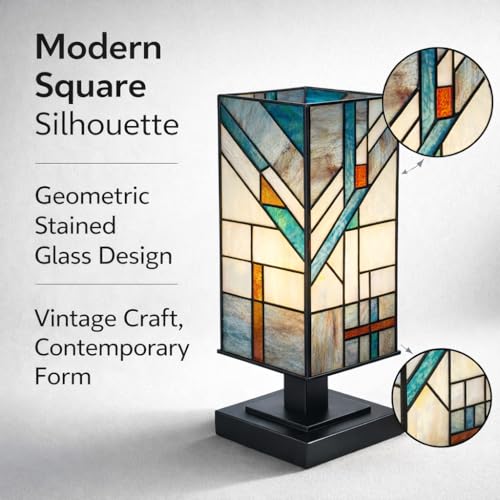 Small Tiffany Style Stained Glass Table Lamp - Handmade Blue-Cream-Turquoise, 15" High