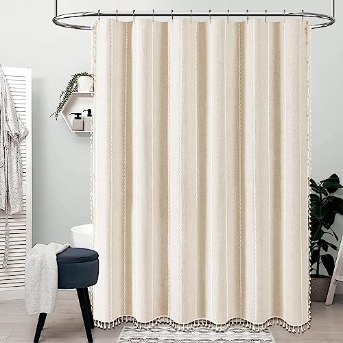 Long Boho Farmhouse Linen Shower Curtain - Cream / 72x84 Inches - Heavy Duty & Water-Resistant with Tassels - Pack of 1