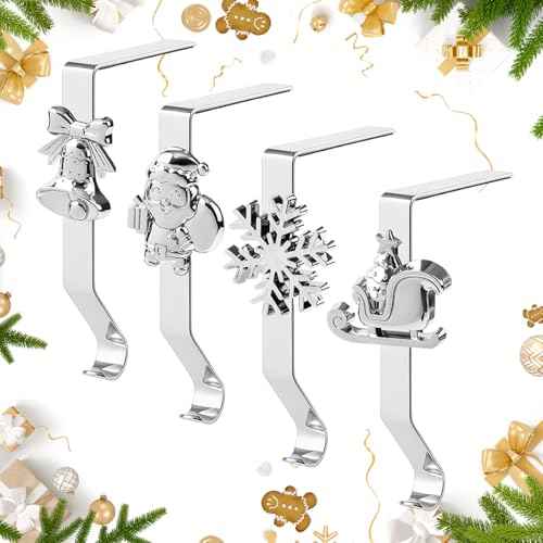 Christmas Stocking Holders, 4 Pack Xmas Stocking Holders Hangers for Mantel Fireplace Metal Stocking Hooks Stand for Christmas Party Decoration, Silver