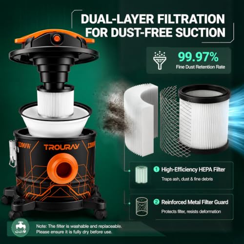 20L Ash Vacuum for Pellet Stoves - 1200W Super-Powered Suction, Metal Canister, HEPA Filter, Safety Protection