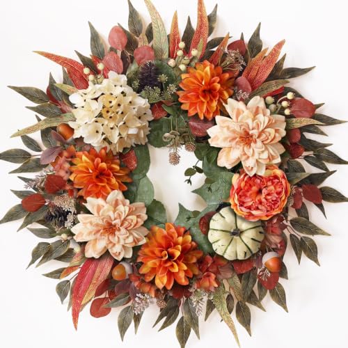 24 Inch Artificial Silk Hydrangea Fall Wreath for Front Door Decor