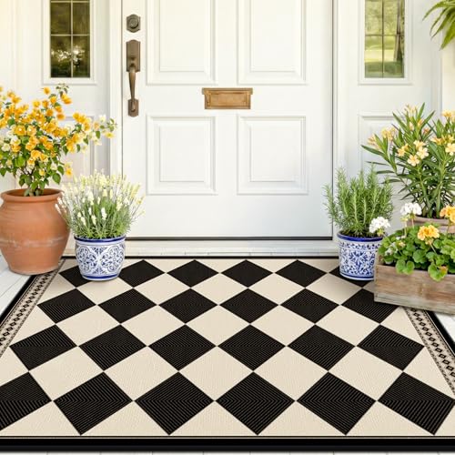 Evyhood 3x5 Black & White Outdoor Jute Look Washable Rug Non-Slip Entryway Carpet
