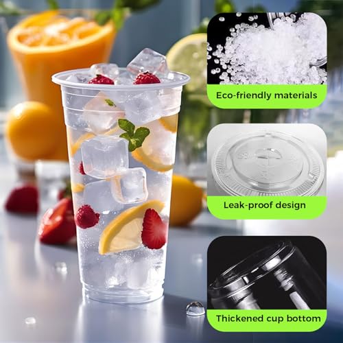 32 oz Disposable Plastic Cups with Lids & Straws - 100 Set for Cold Drinks & Takeout - Variation: 32.0 Ounces / 100